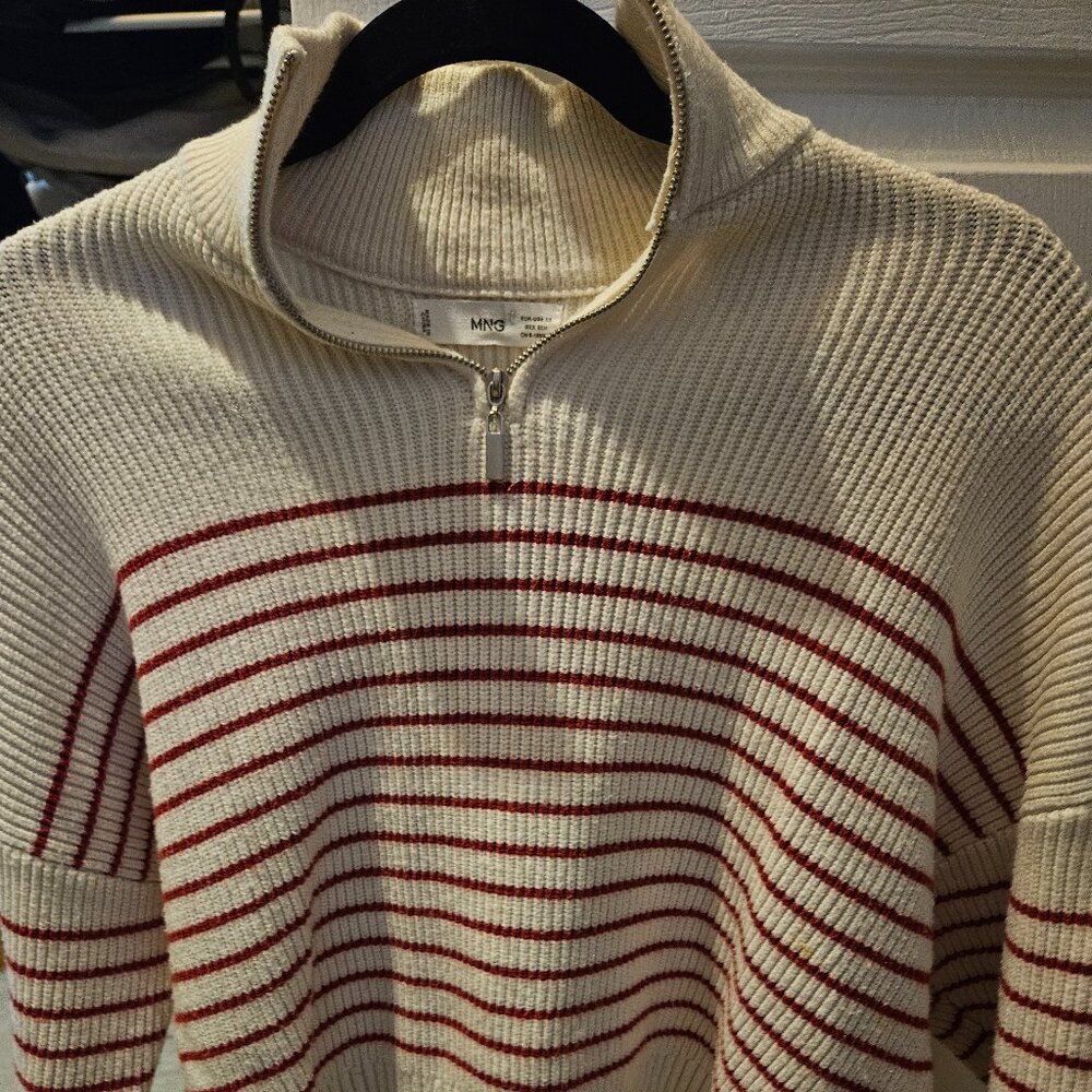 Mango White and Red Striped Sweater